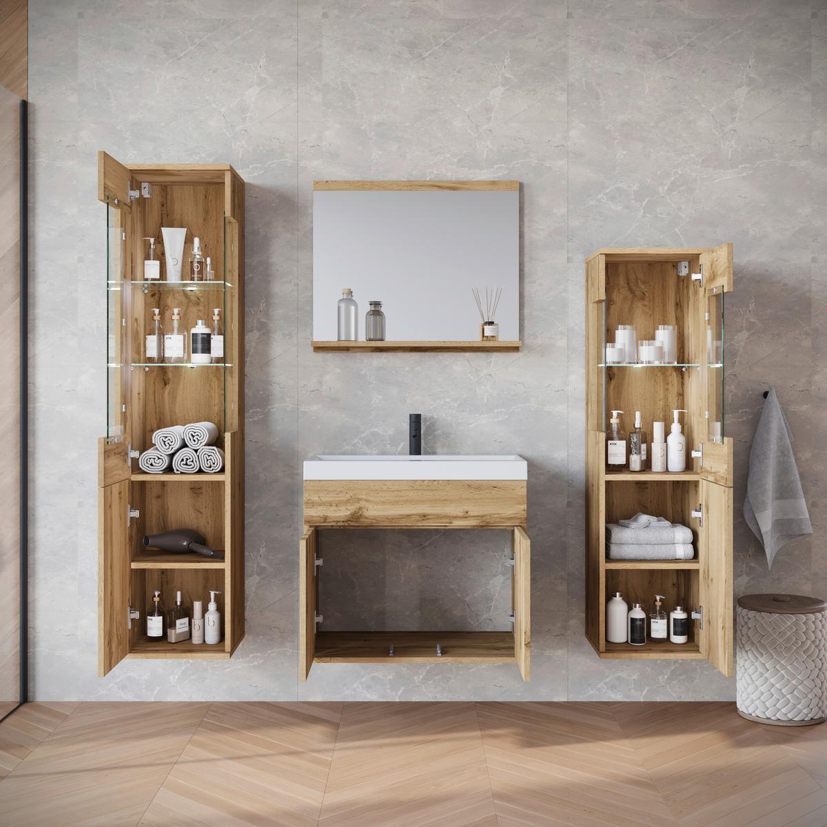 Badezimmer Narobi Eiche Wotan B: 120,4 cm - Eiche Wotan/Weiß, Trend, Glas/Keramik (120,4cm) - P & B