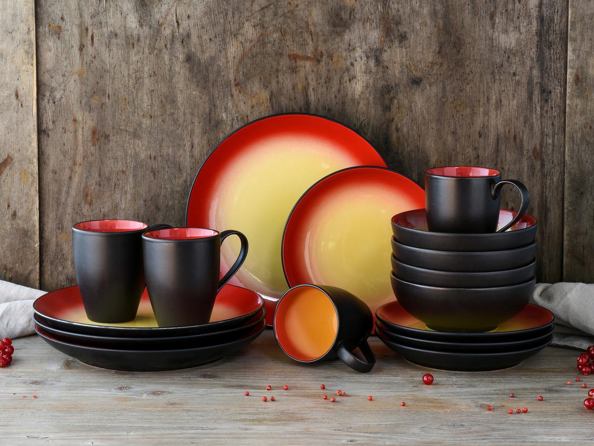 Kombiservice Keramik 4 Personen Geschirr Set - Rot/Schwarz, Basics, Keramik (34/31,5/33cm) - Creatable
