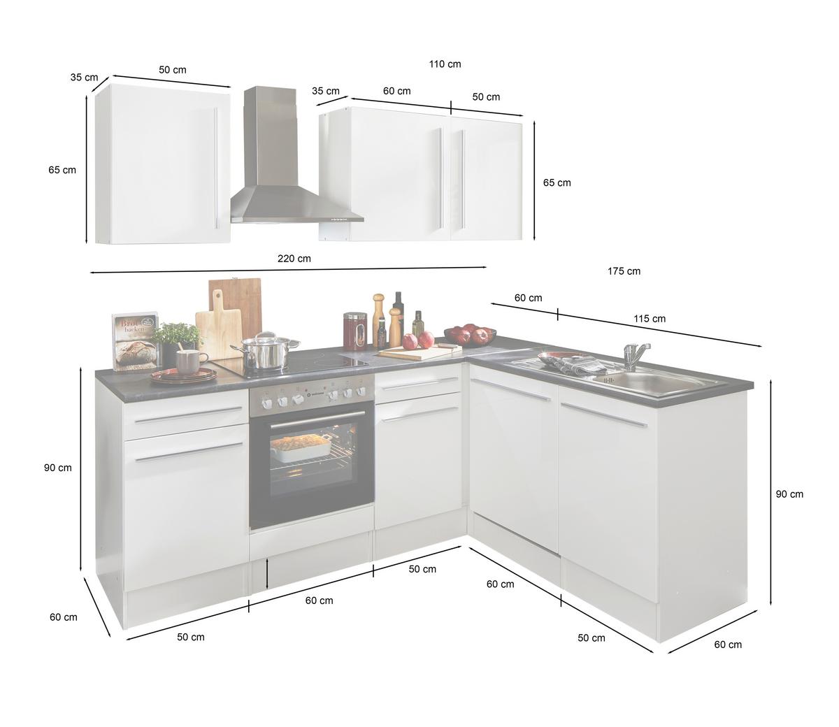Eckküche Jazz 8 220 Weiß S: 220x175 Cm - Weiß Hochglanz/Anthrazit, LIFESTYLE, Holzwerkstoff (220/175cm) - MID.YOU