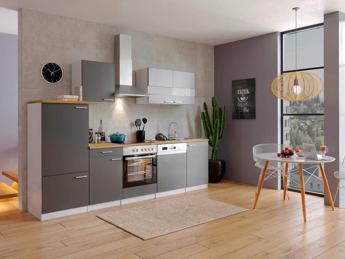 Küchenzeile ohne Geräte B: 280 cm Grau/Weiß/Nussbaum Dekor - Nussbaumfarben/Weiß, Basics, Holzwerkstoff (280/200/60cm) - Respekta
