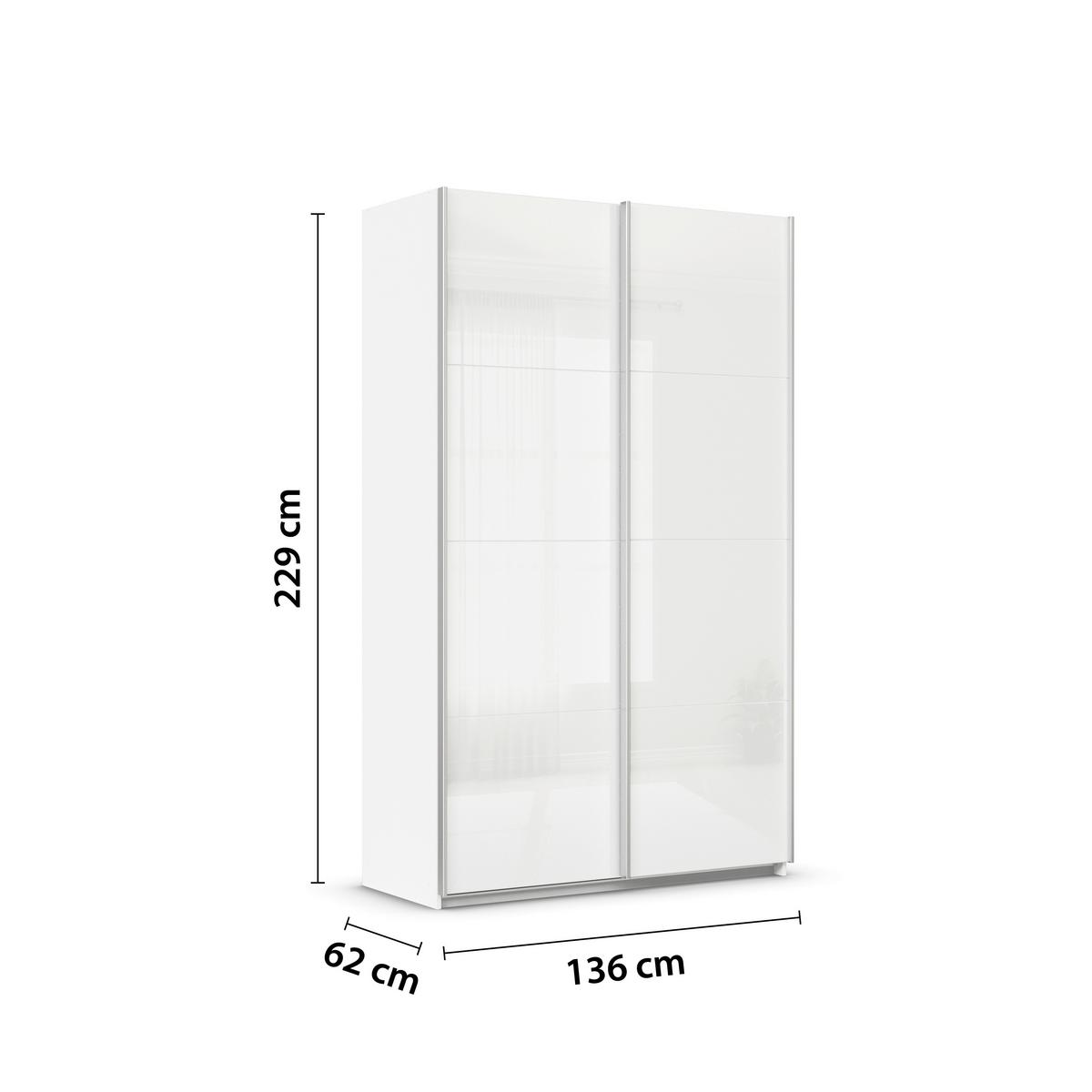 Tolóajtós Szekrény Feldkirch 136/229 Cm - magasfényű fehér/fehér, Modern, faalapú anyag/Üveg (136/229/62cm)