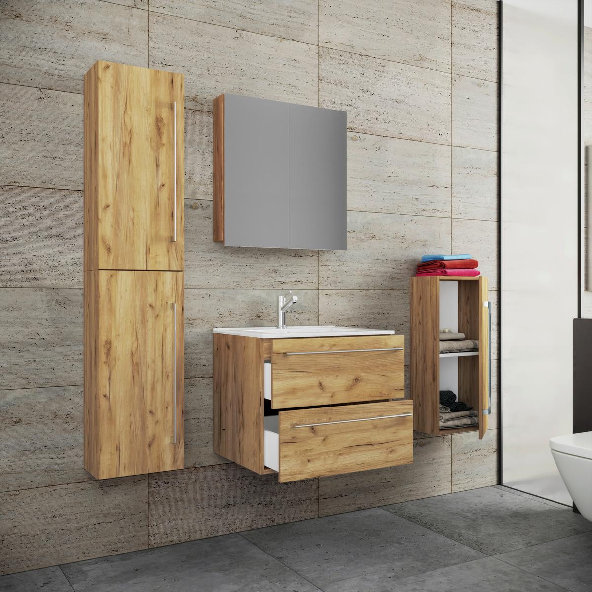 Badezimmer Badinos 5-Teilig Honigeiche B: 60 cm - Honigeiche/Weiß, MODERN, Keramik/Holzwerkstoff (127cm) - MID.YOU