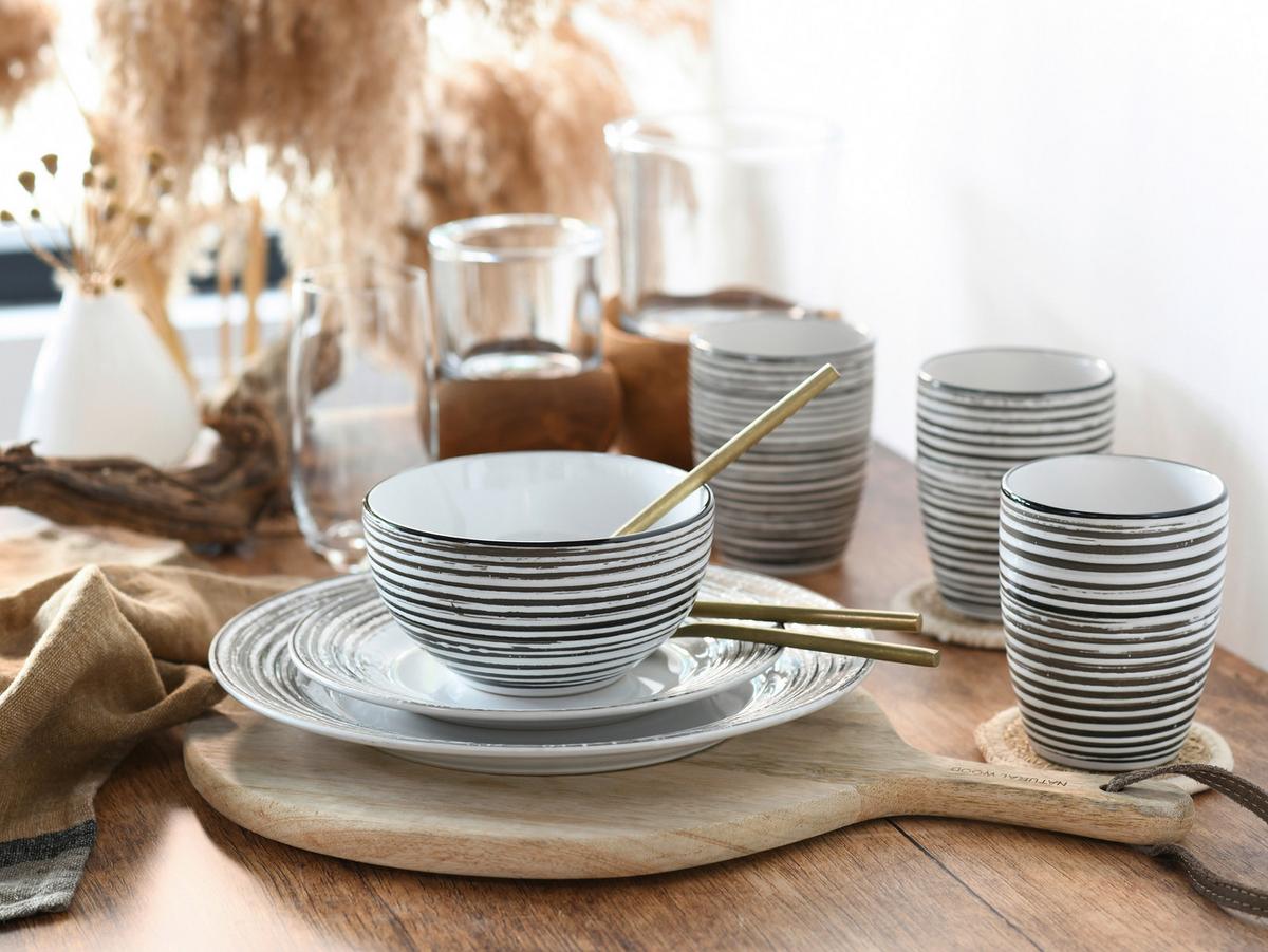 Kombiservice Gomera Keramik 4 Personen Geschirr Set - Schwarz/Weiß, Basics, Keramik - Creatable