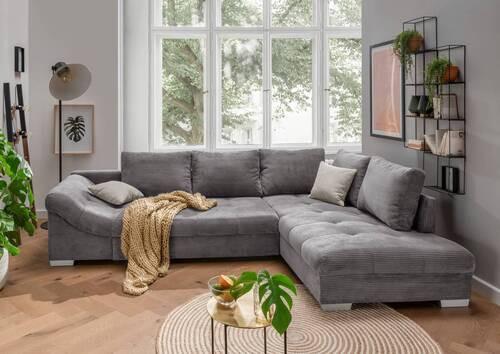Ecksofa mit Schlaffunktion Alvito Grau Kord - Silberfarben/Grau, Design, Textil (298/202cm) - MID.YOU