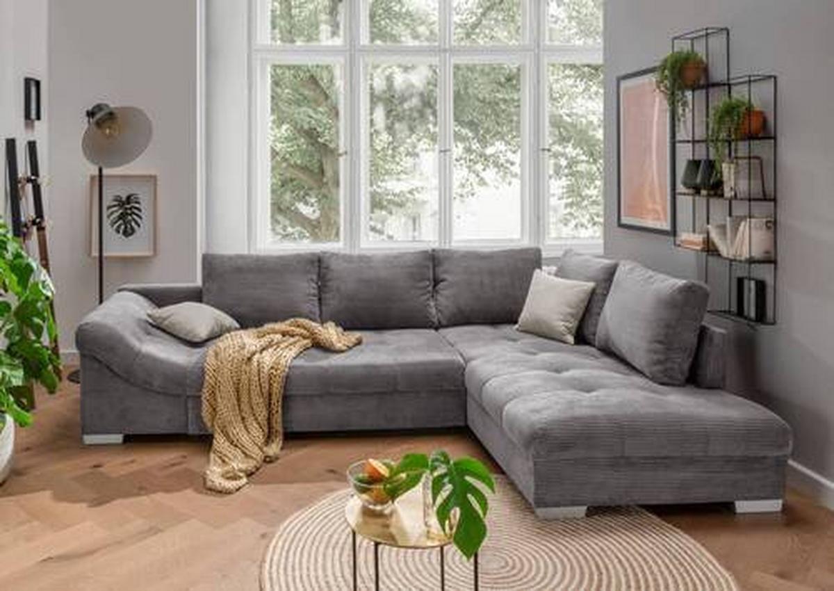 Ecksofa mit Schlaffunktion Alvito Grau Kord - Silberfarben/Grau, Design, Textil (298/202cm) - MID.YOU
