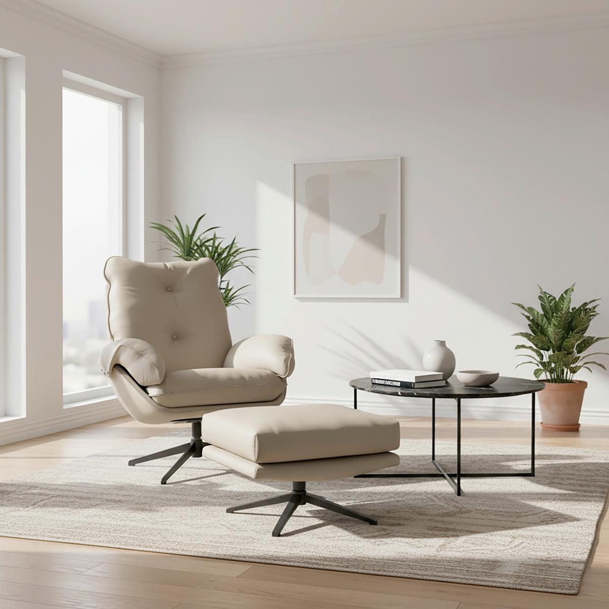 Relaxační křeslo ANDREA, béžová, s taburetem - černá/béžová, Moderní, kov/dřevo (82/105/100cm) - Bessagi Home