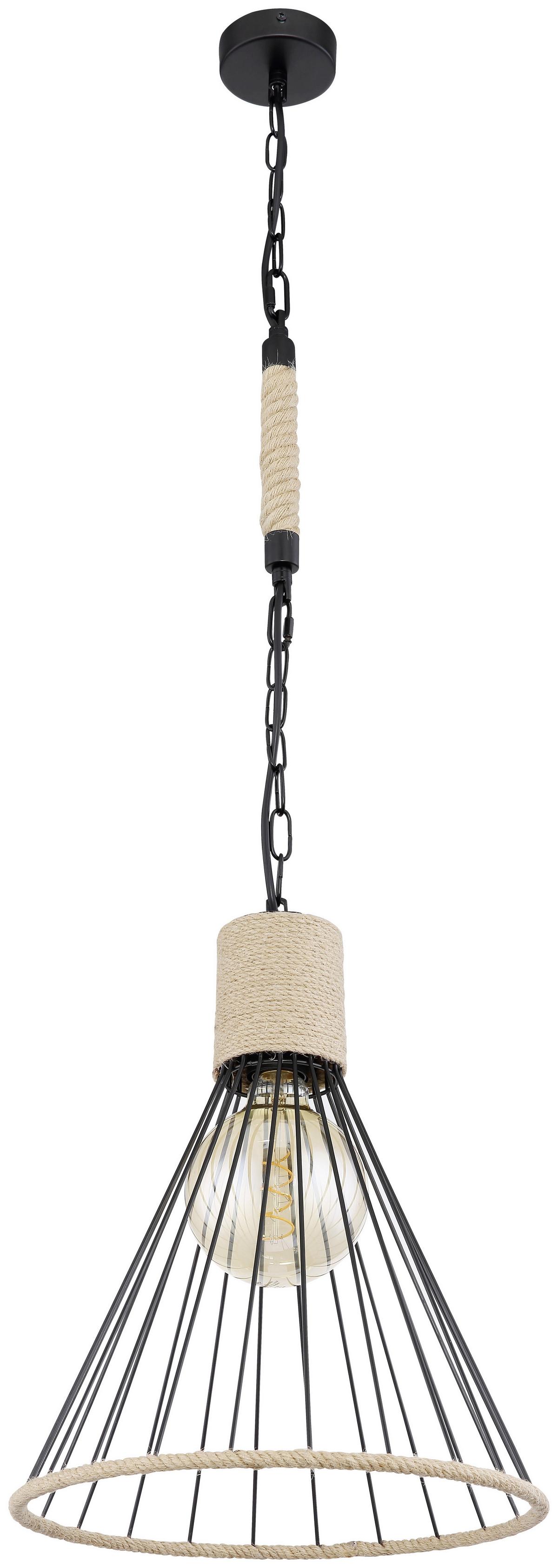 Hängeleuchte Halia H: 140 Cm 1-Flammig, Mit Hanfseil - Schwarz/Braun, Natur, Naturmaterialien/Metall (35/140cm) - Globo