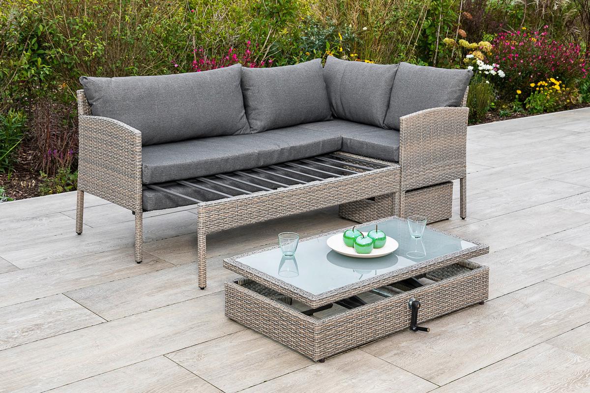 Loungegarnitur Viletta Aus Kunststoffgeflecht mit Kissen - Beige, MODERN, Glas/Kunststoff (190/113cm) - Gardenson