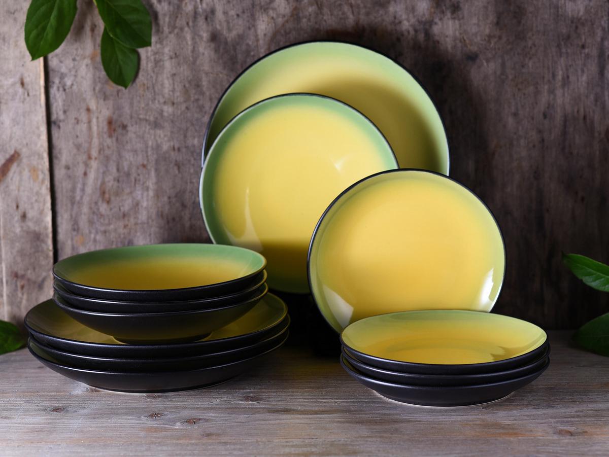 Tafelservice Hot Green, Keramik, 12-Tlg. - Hellgelb/Schwarz, Basics, Keramik - Creatable