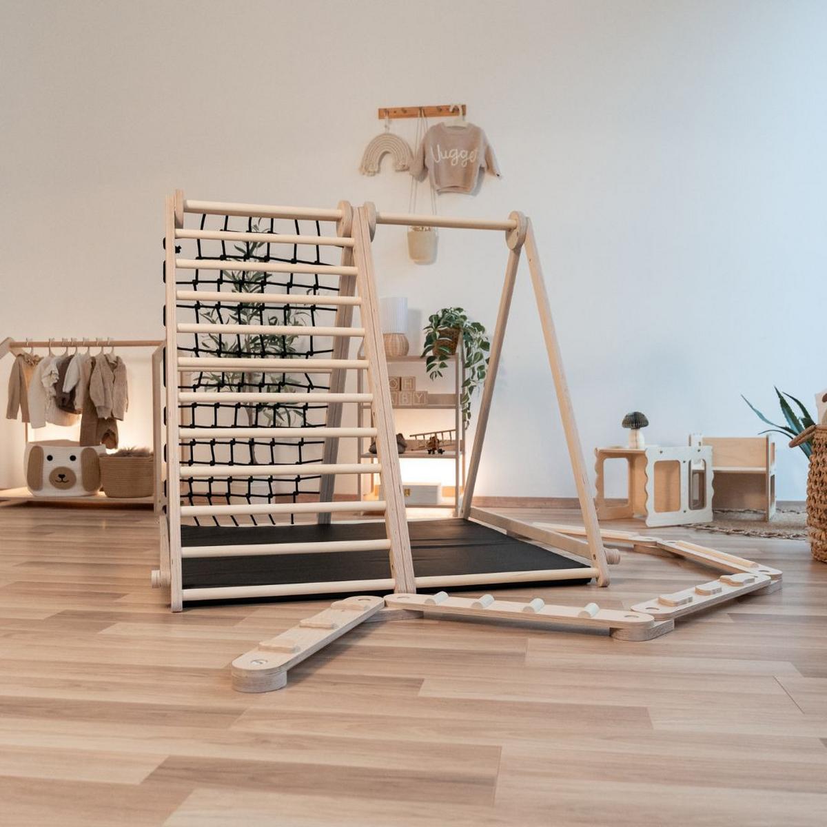 klappbares Klettergerüst mit Sicherheitsmatte - Birkefarben/Schwarz, Basics, Holz (105/110/100cm) - CLIFF