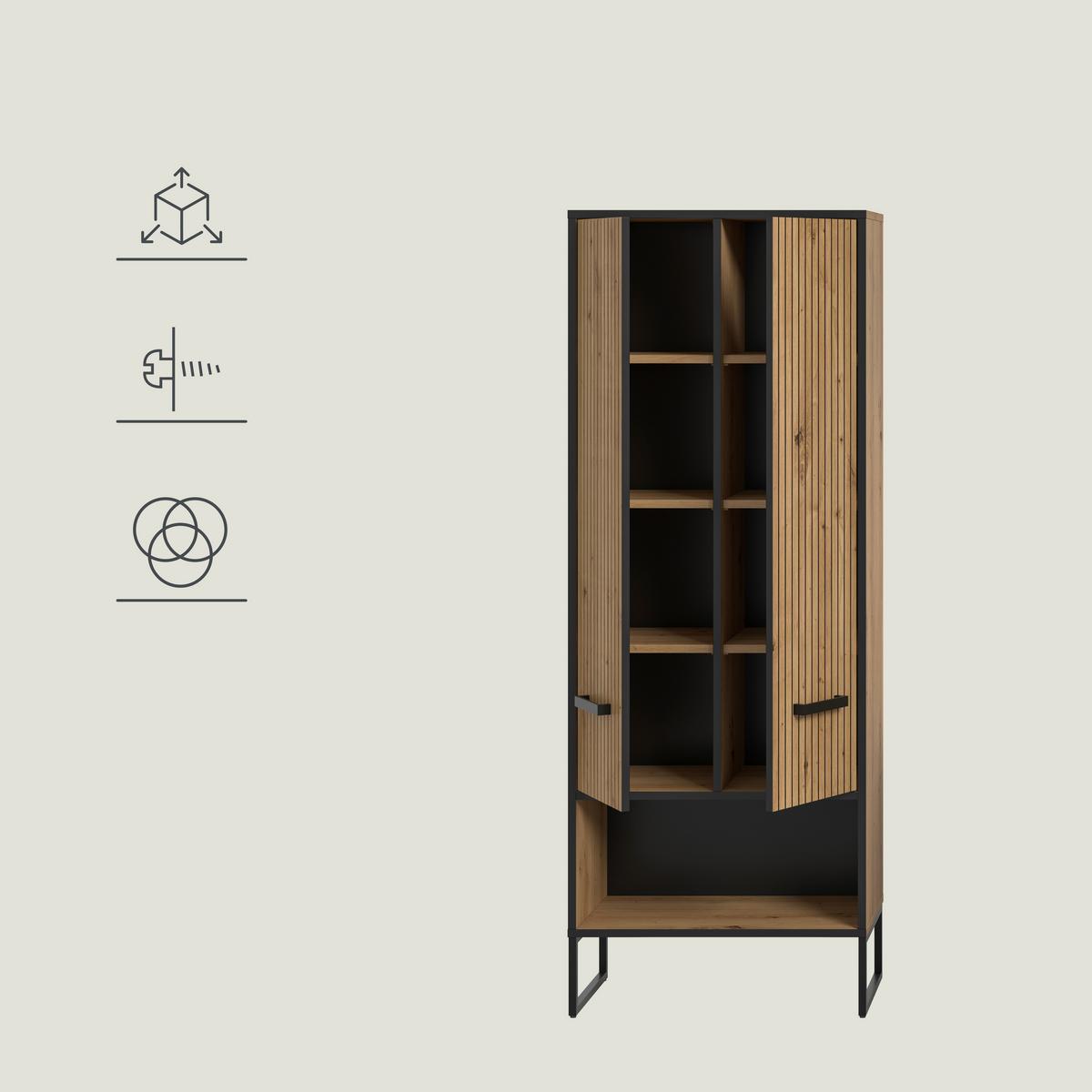 Hochschrank Bagno Schwarz /Eiche Artisan Dekor B: 59cm - Schwarz/Eiche Artisan, Trend, Holzwerkstoff (59/159/32cm) - MID.YOU