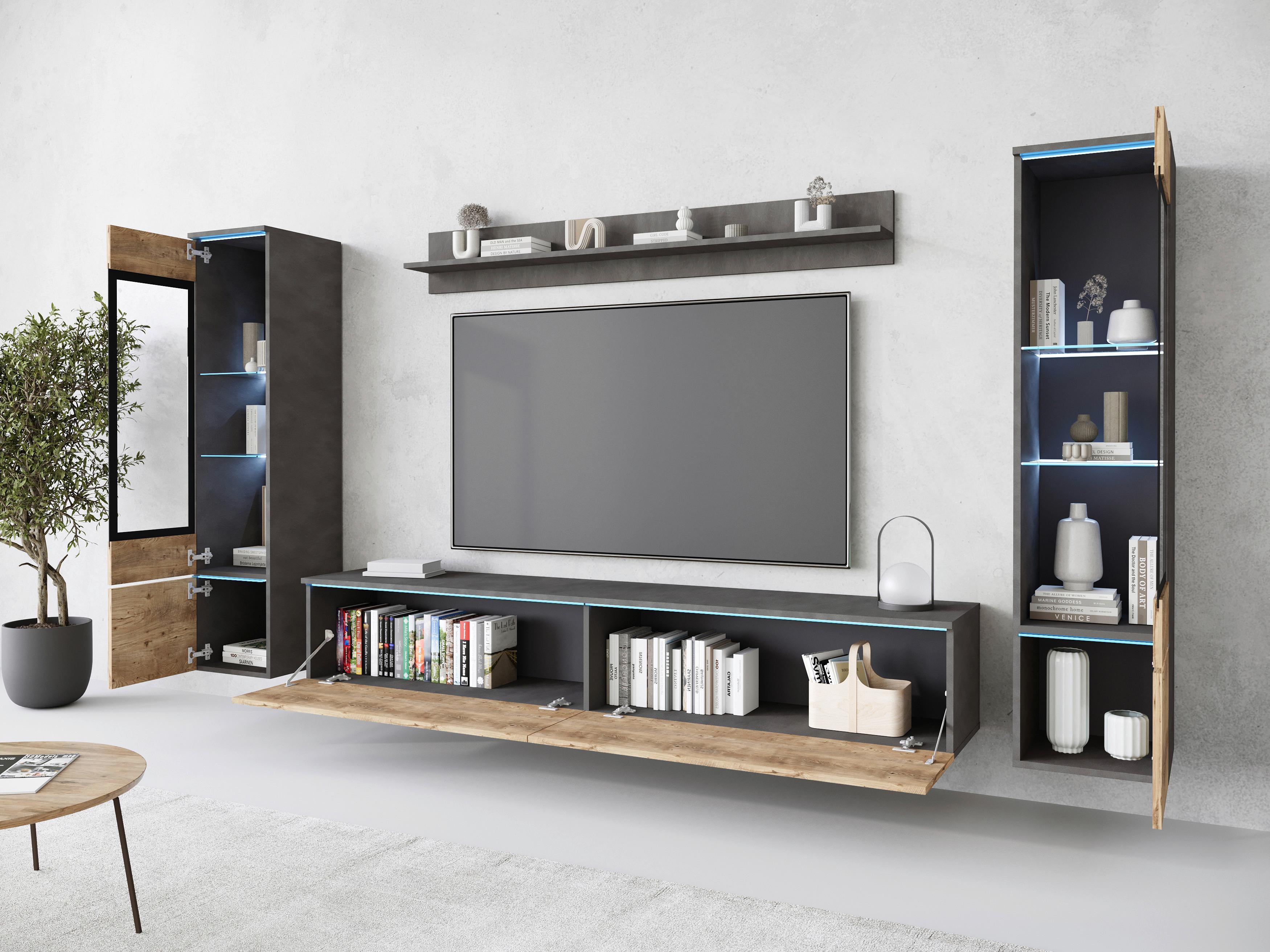 Wohnwand Vera II 4-Teilig Anthrazit/Kastanief.  B: 240cm - Kastanieneichefarben/Anthrazit, Trend, Glas/Holzwerkstoff (240/130/33cm)