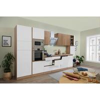 Küchenzeile Premium mit Geräten 395 cm Weiß/Eiche Dekor - Eichefarben/Weiß Hochglanz, Basics, Holzwerkstoff (395cm) - Respekta