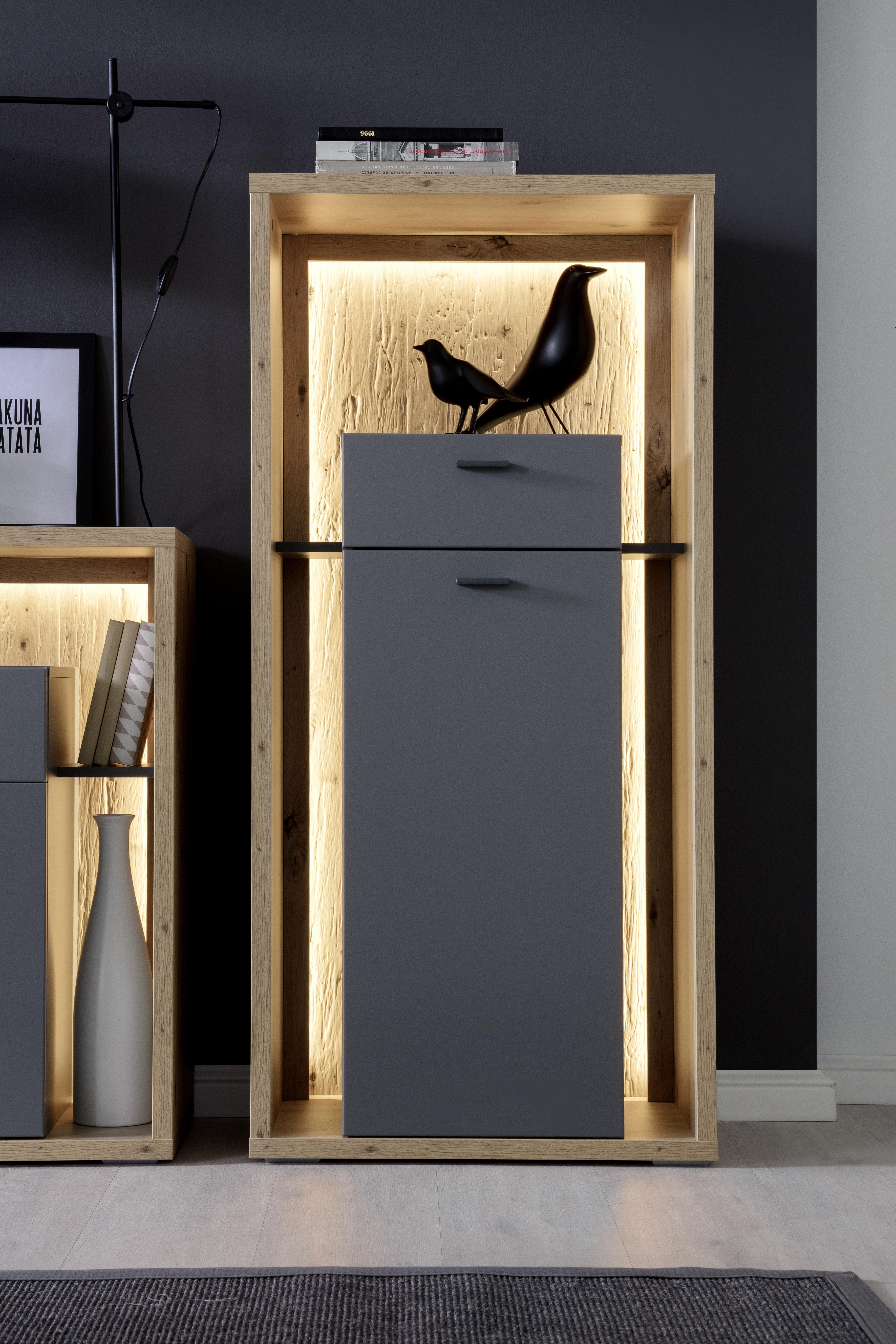 Highboard B: 66 cm Lizzano Grau/Eichefarben - Eichefarben/Grau, Design, Holzwerkstoff (66/141/40cm) - MID.YOU