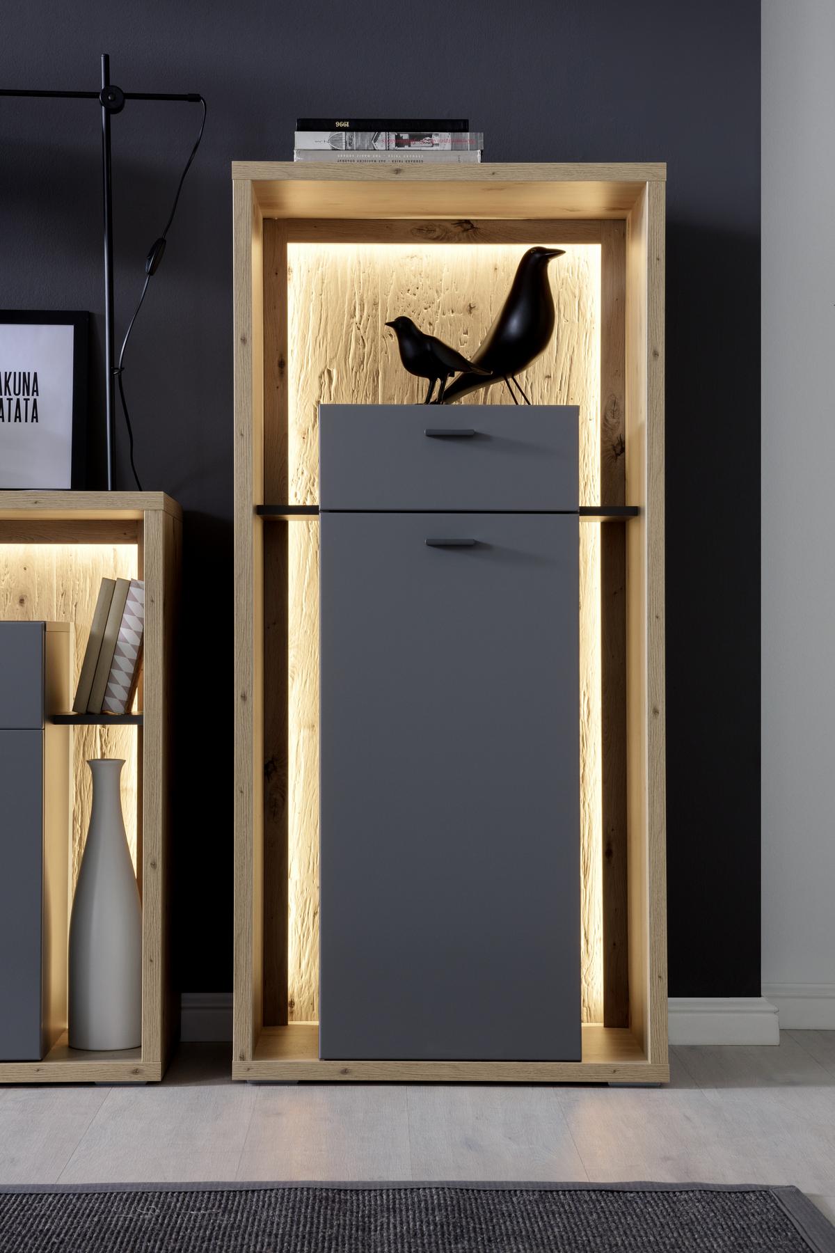 Highboard B: 66 cm Lizzano Grau/Eichefarben - Eichefarben/Grau, Design, Holzwerkstoff (66/141/40cm) - MID.YOU