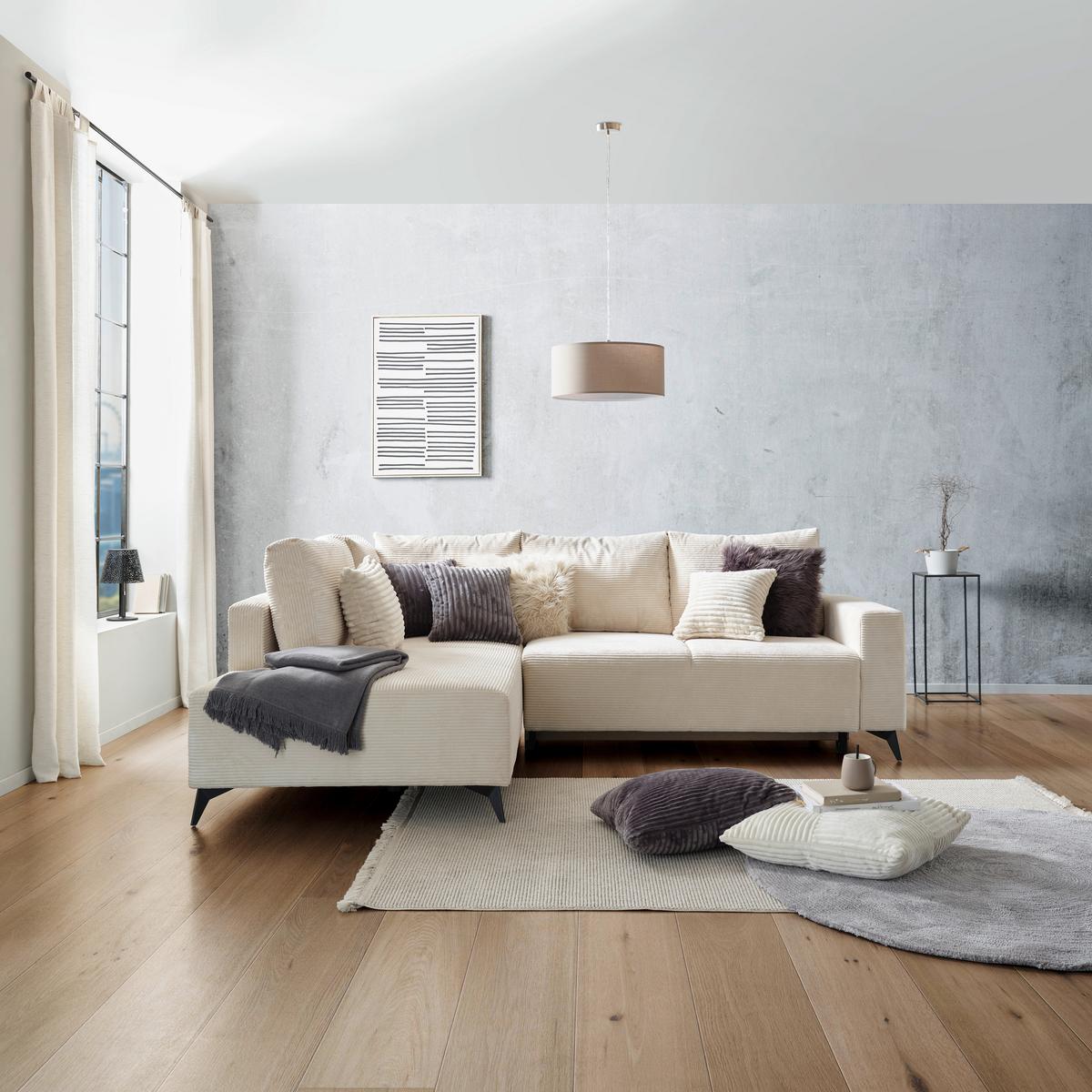 Ecksofa mit Schlaffunktion Viktor Creme Cord 212x270 cm - Creme/Schwarz, MODERN, Textil (212/270cm)