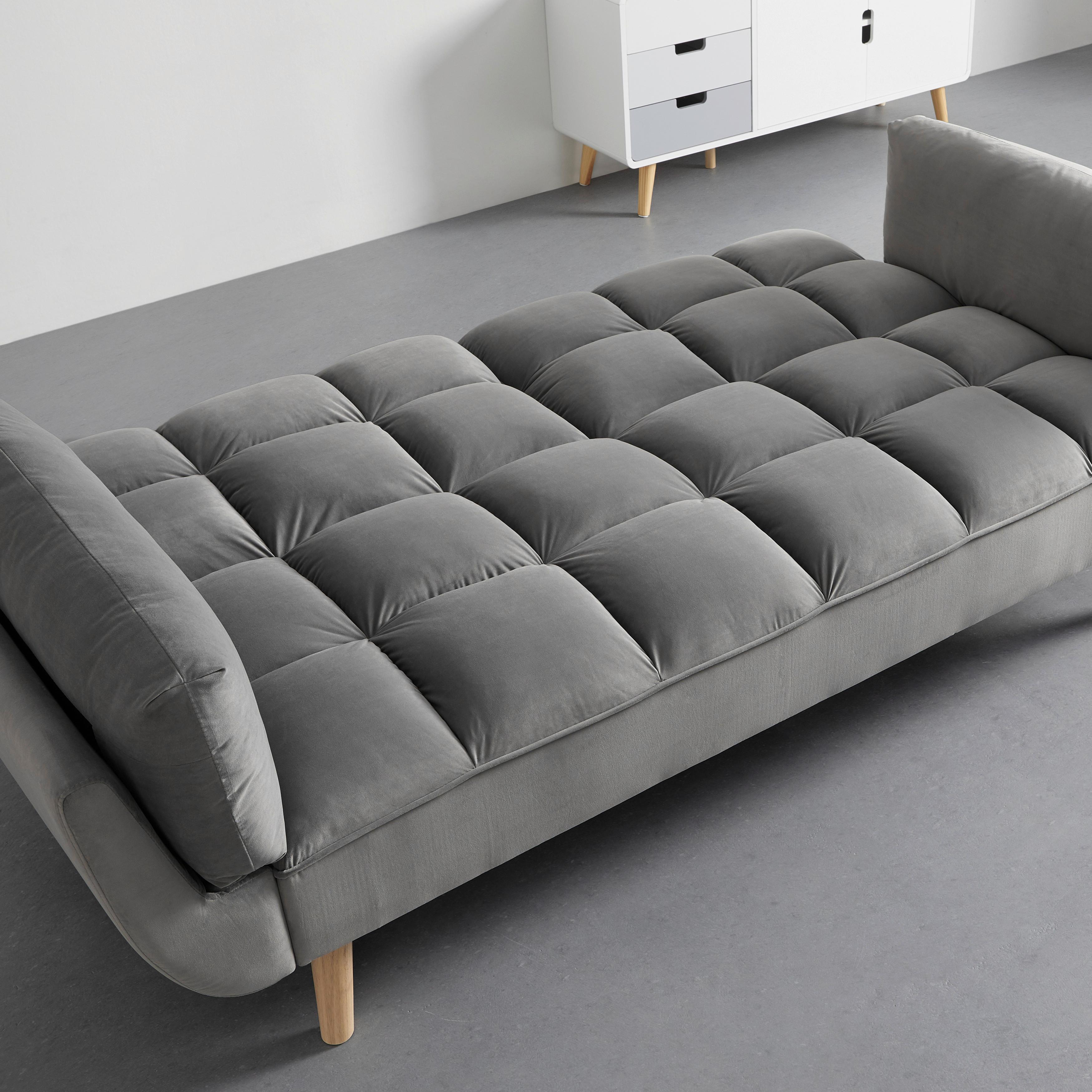 Rozkládací pohovka CORA, šedý samet, max. 360 kg - šedá/přírodní barvy, Moderní, dřevo/textil (214/92/81cm) - Bessagi Home