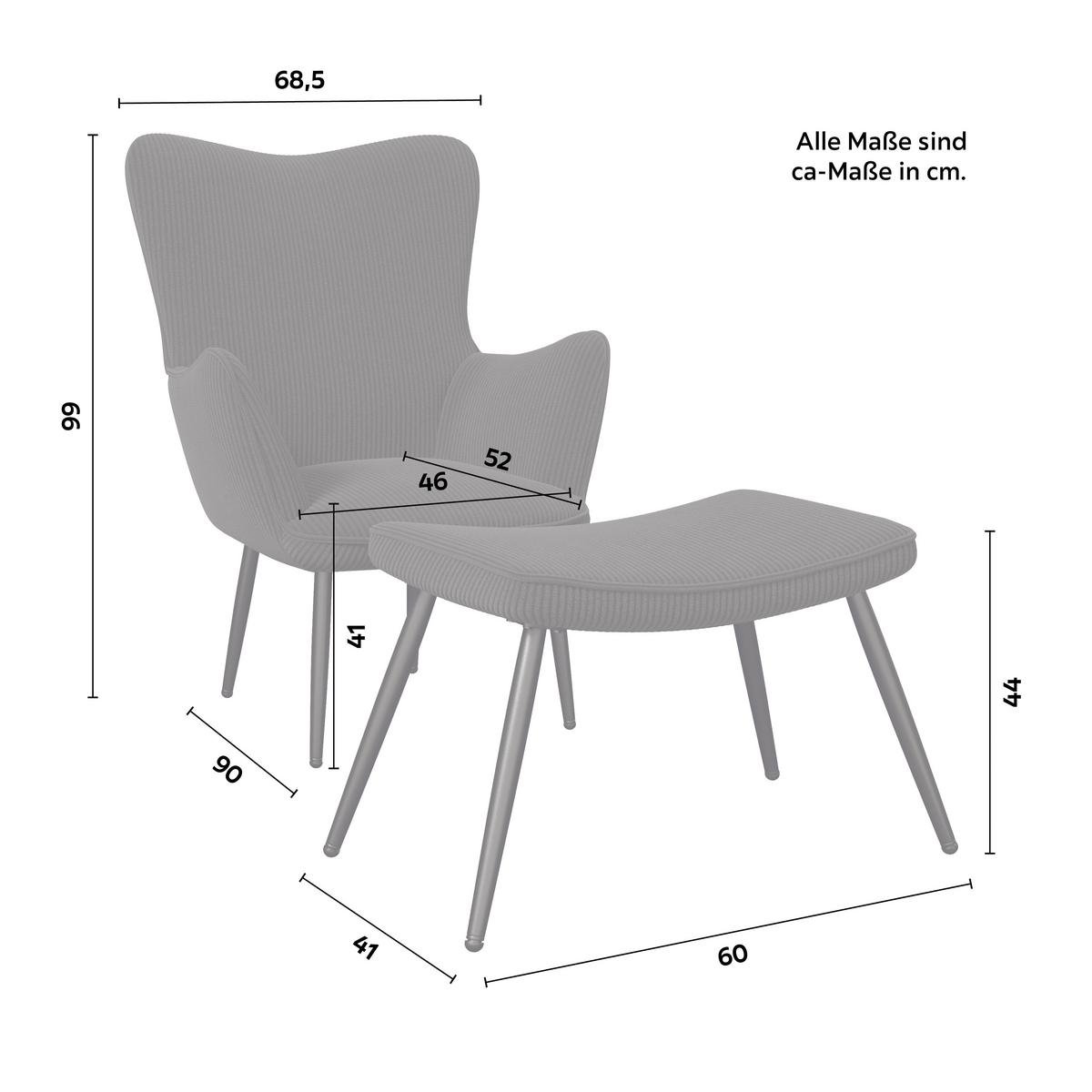 Křeslo s taburetem AURORA, černý manšestr, max. 120 kg - černá, Moderní, kov/dřevo (68,5/99/90cm) - Bessagi Home
