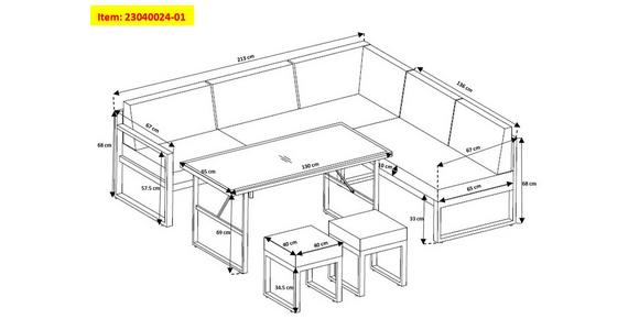 Loungegarnitur 5-Tlg Genf Metall/Textil/Glas mit Kissen - Hellgrau/Grau, MODERN, Glas/Textil (213/136cm) - Beldano