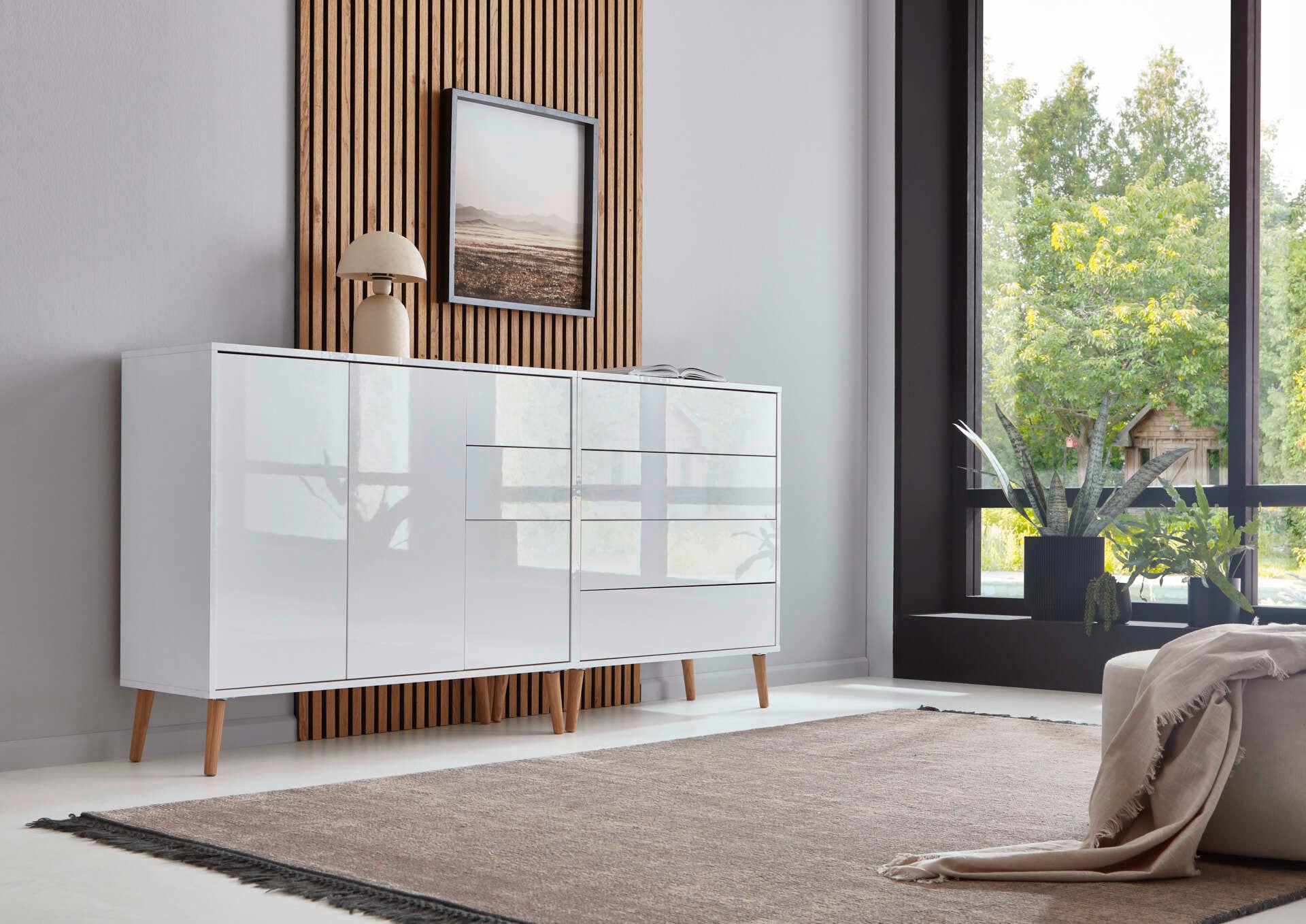 Sideboard Mailand 9 B. 184,5 Cm Weiß - Weiß Hochglanz/Eiche Artisan, MODERN, Holzwerkstoff (184,5/86/33cm) - MID.YOU