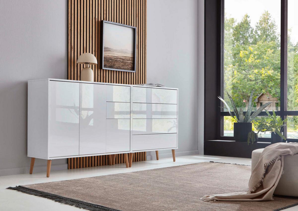 Sideboard Mailand 9 B. 184,5 cm Weiß - Weiß Hochglanz/Eiche Artisan, MODERN, Holzwerkstoff (184,5/86/33cm) - MID.YOU
