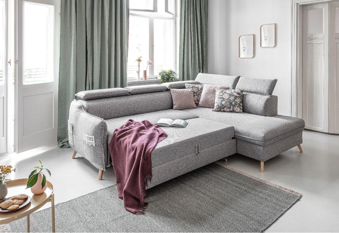 Rozkladacia sedačka Simone, pravé prevedenie - prírodná farba/svetlosivá, Modern, drevo/textil (253/82/95/208cm)
