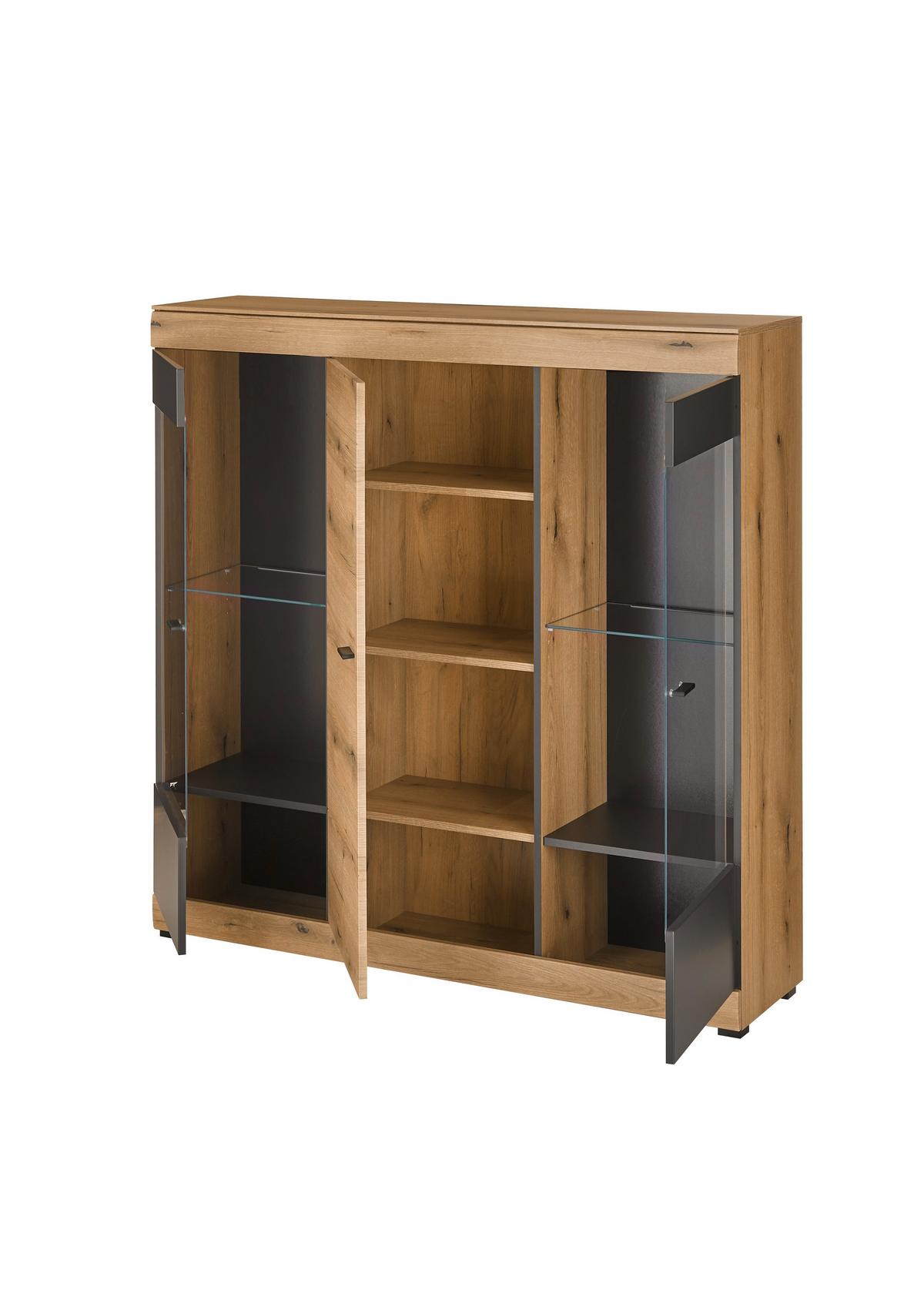 Highboard Soleto Graphit-/Eichefarben B: 140cm - Eichefarben/Schwarz, Design, Glas/Holzwerkstoff (140/141/35cm) - MID.YOU
