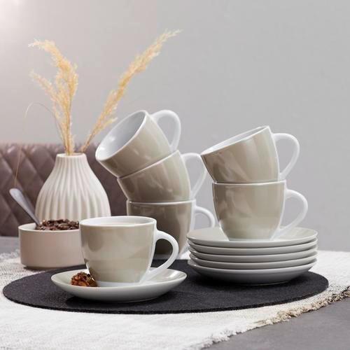 Tassenset Weiß Taupe 6-teilig B: 24,5 cm - Taupe/Weiß, Basics, Keramik (24,5/16,5/9,5cm) - Van Well
