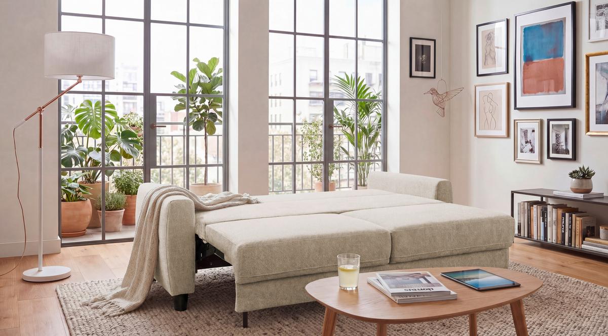 Schlafsofa Rio Creme, B: 192cm - Creme/Schwarz, MODERN, Textil (192/83/99cm) - MID.YOU