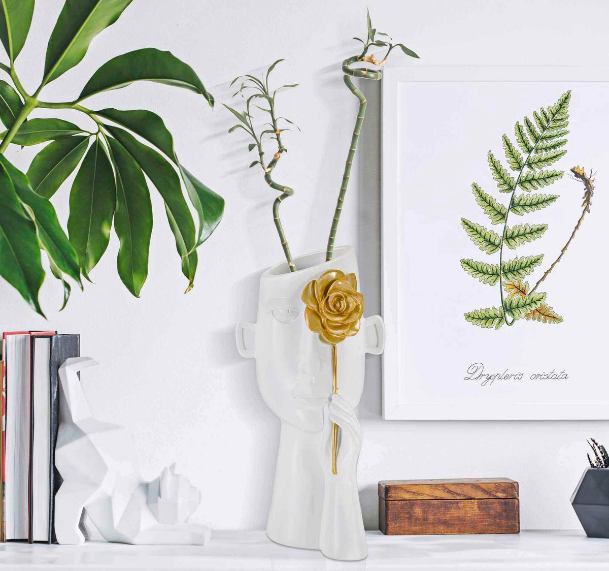 Vase Face C/fiore Weiß, Goldfarben B: 14 Cm - Goldfarben/Weiß, Basics, Kunststoff (14/27  /13cm)