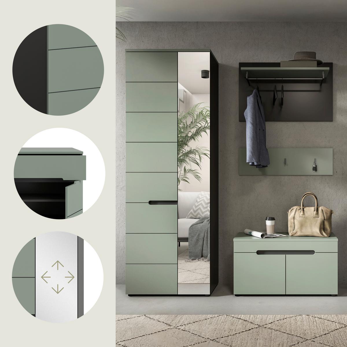 Garderobe Canu 3-teilig Grau/grün B: 160 Cm - Graugrün/Grau, Design, Holzwerkstoff (160/190/37cm) - Livetastic