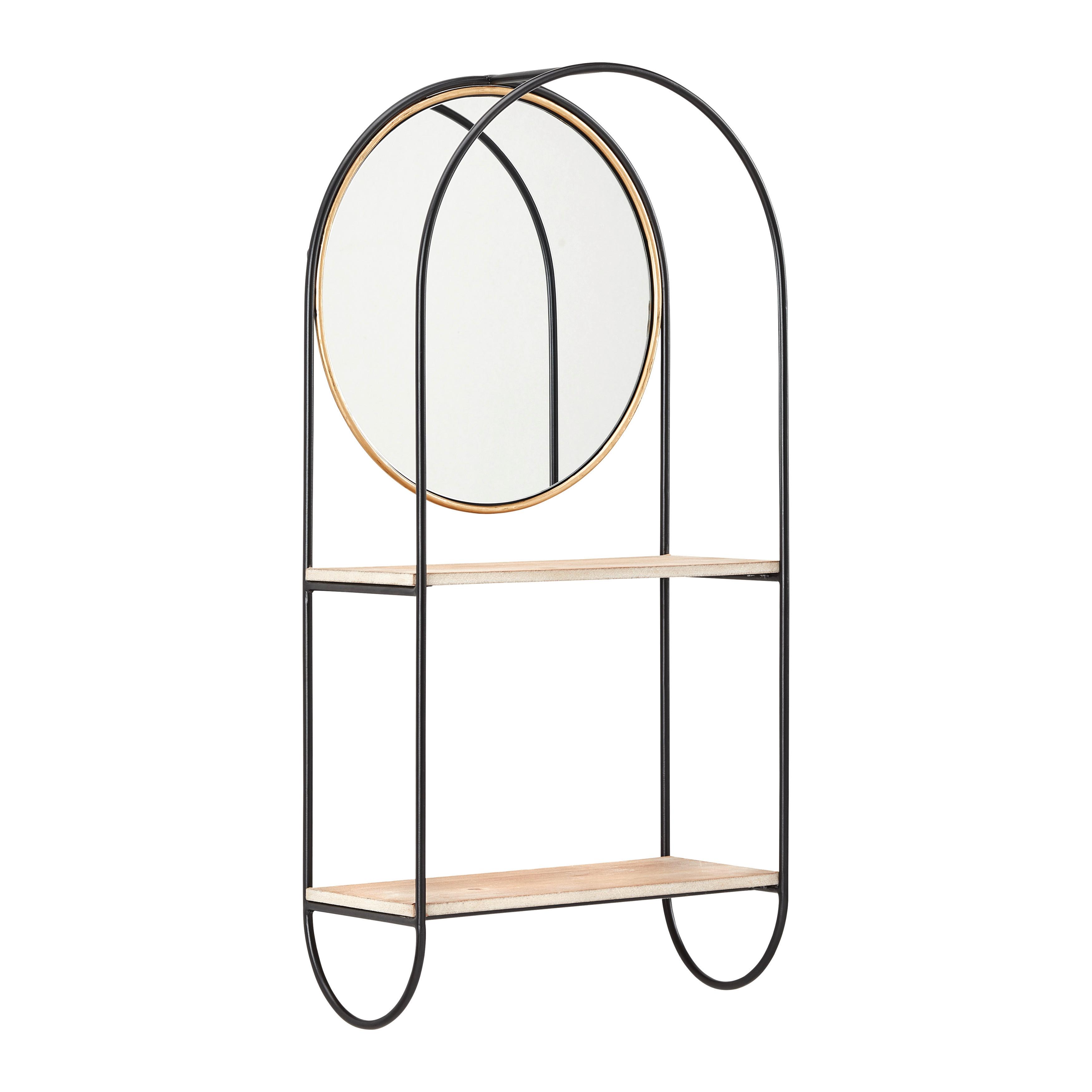 Nastěnný regál se zrcadlem LELIA - černá/přírodní barvy, Moderní, kov/dřevo (37/75/17cm) - Bessagi Home