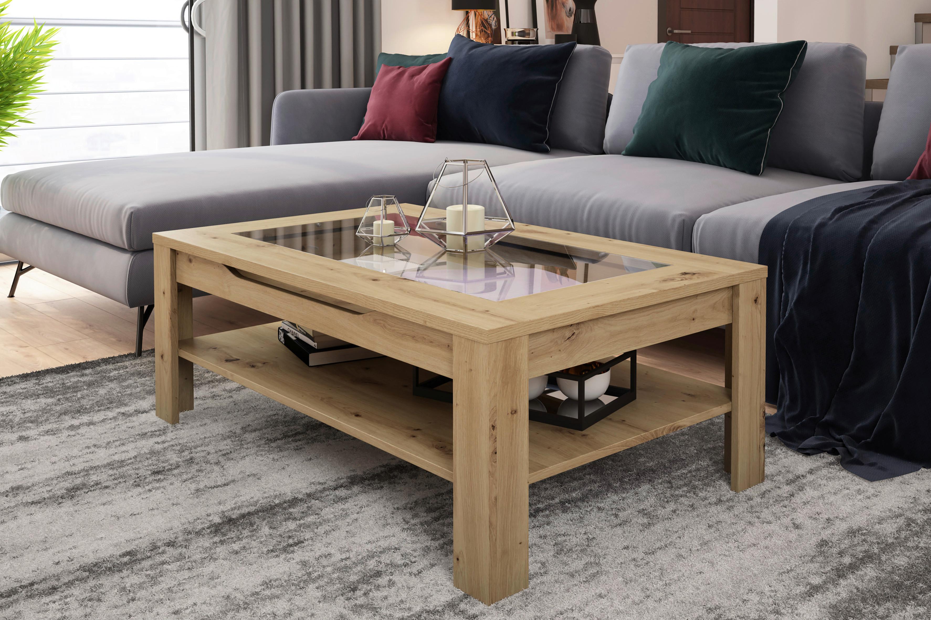 Couchtisch mit Stauraum Ralph Eiche Artisan Dekor - Eiche Artisan, Basics, Glas/Holzwerkstoff (110/43/67cm) - MID.YOU