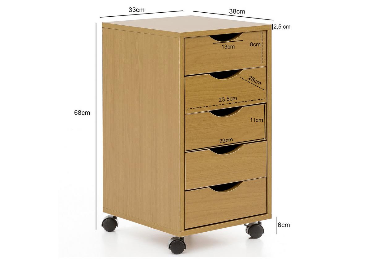 Rollcontainer Buche Dekor 33x68x38 cm - Buchefarben, KONVENTIONELL, Holzwerkstoff/Kunststoff (33/68/38cm) - MID.YOU