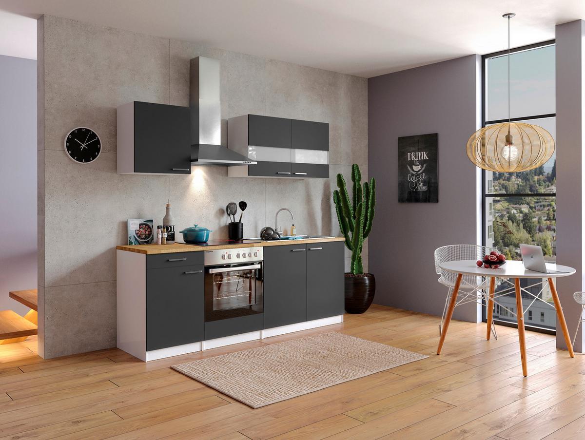 Küchenzeile Economy mit Geräten 210 cm Grau/Nussbaum Dekor - Nussbaumfarben/Weiß, Basics, Holzwerkstoff (210cm) - Respekta