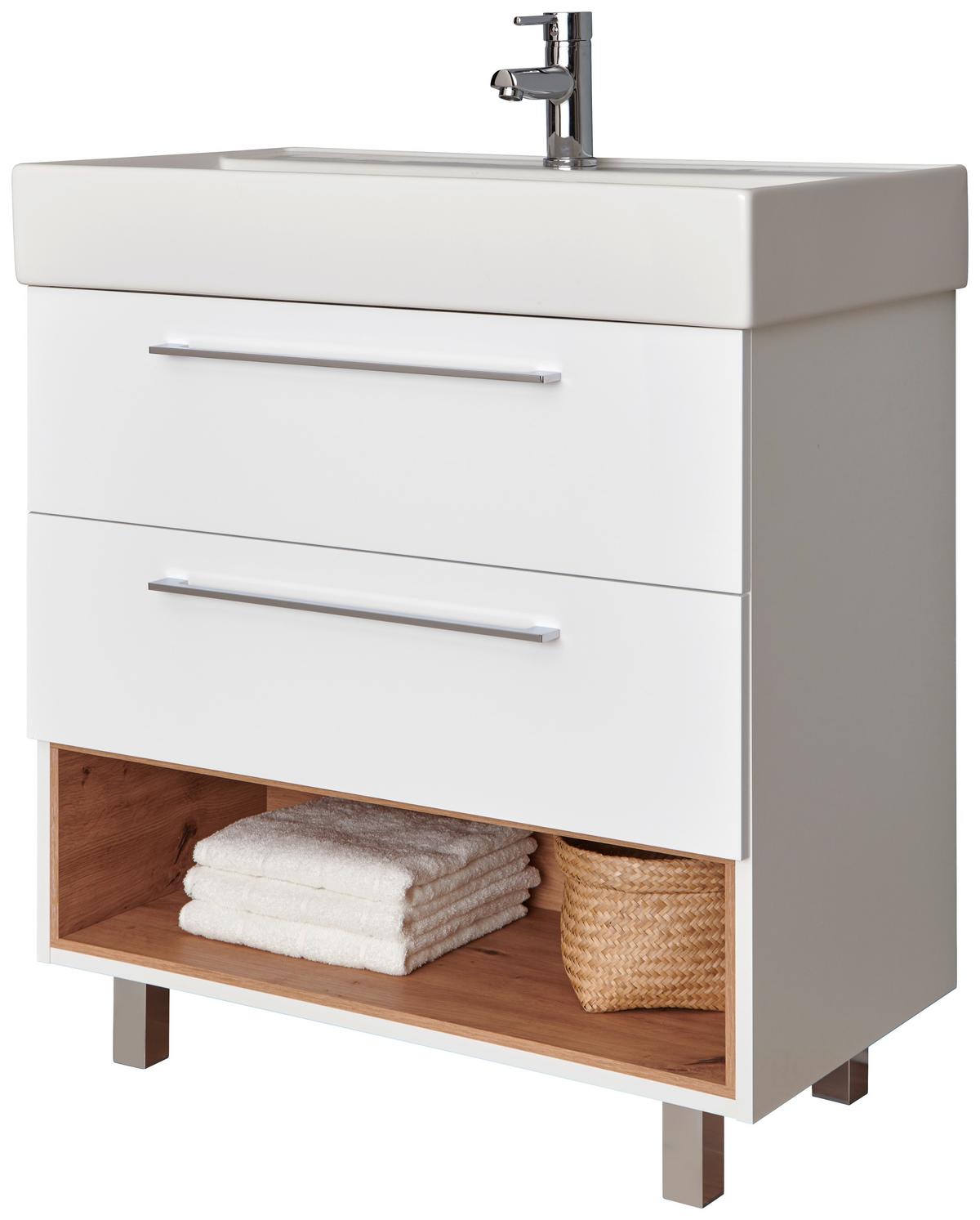 Waschbecken mit Unterschrank + Soft-Close Mura I B 80cm, Weiß - Alufarben/Weiß, MODERN, Keramik/Holzwerkstoff (80/90/46,5cm)