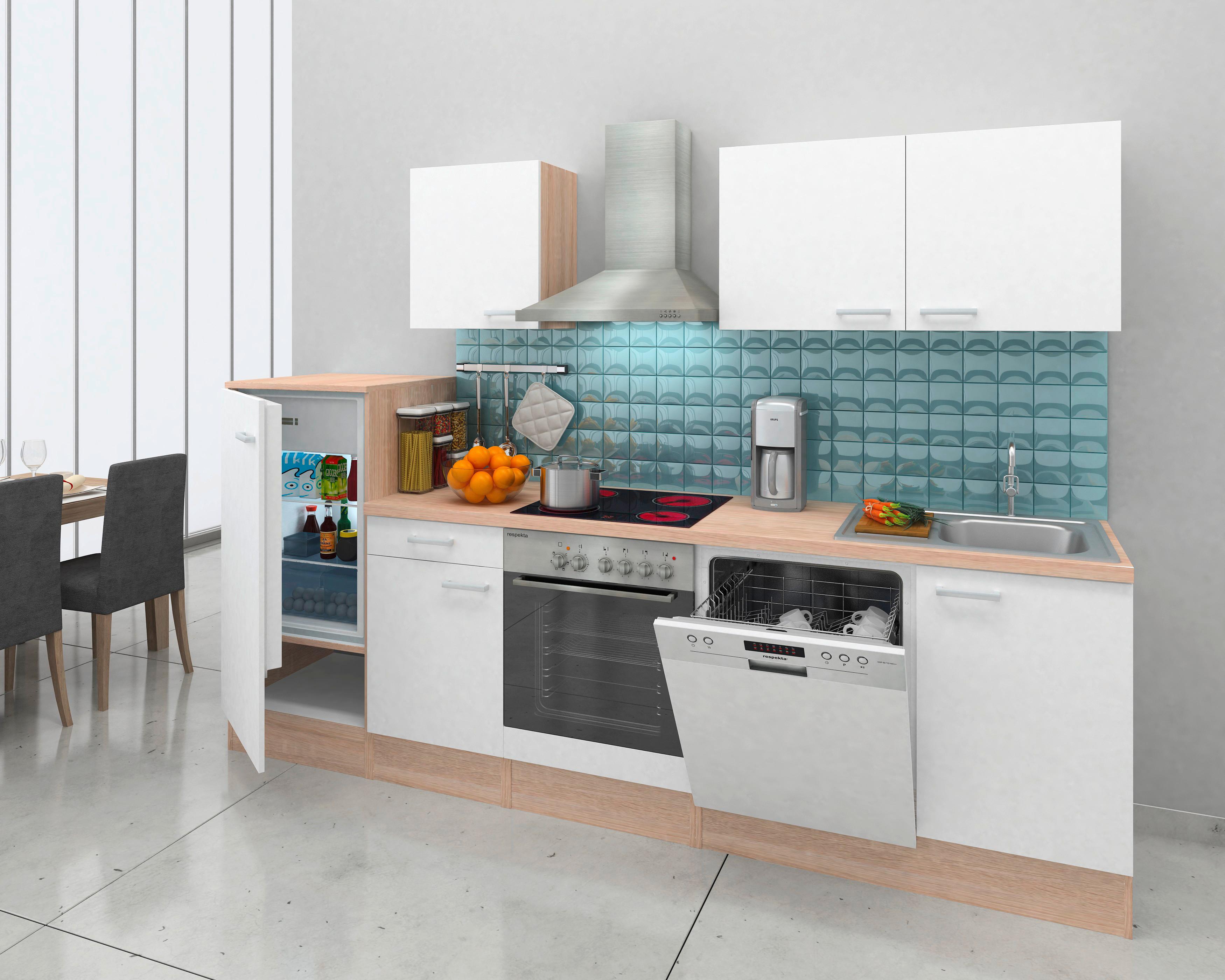 Küchenzeile Economy mit Geräten 280 cm Weiß/Eiche Dekor Modern