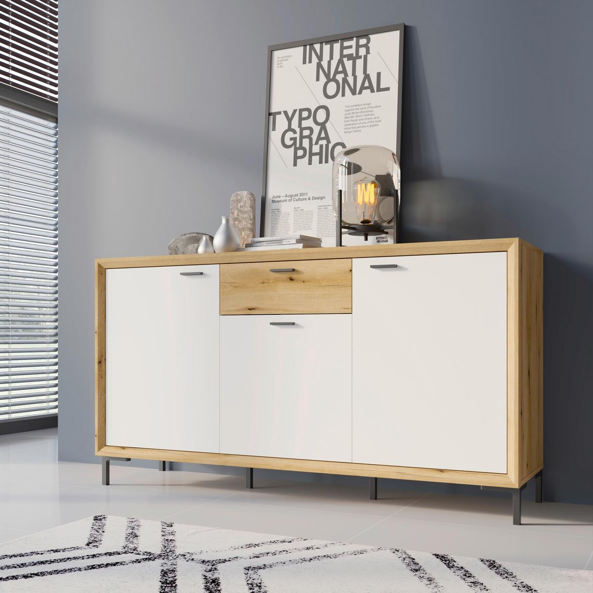 Komód Marinella - kasmírszínű/tölgyfa színű, Trend, faalapú anyag (157,2/86/43cm)