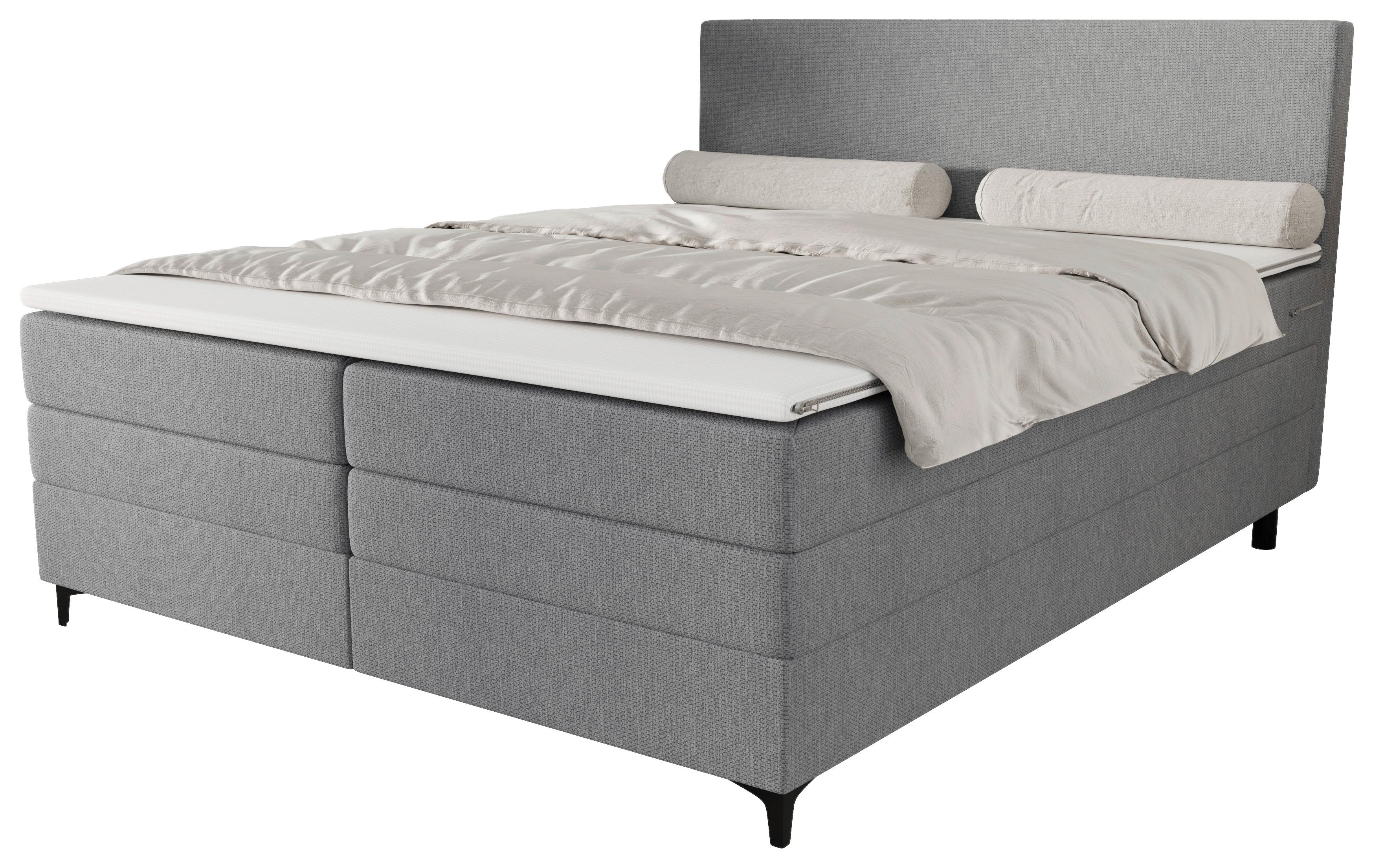 Boxspringbett mit Topper Taro grau, 160x200cm - Hellgrau/Schwarz, KONVENTIONELL, Textil/Metall (160/200cm)