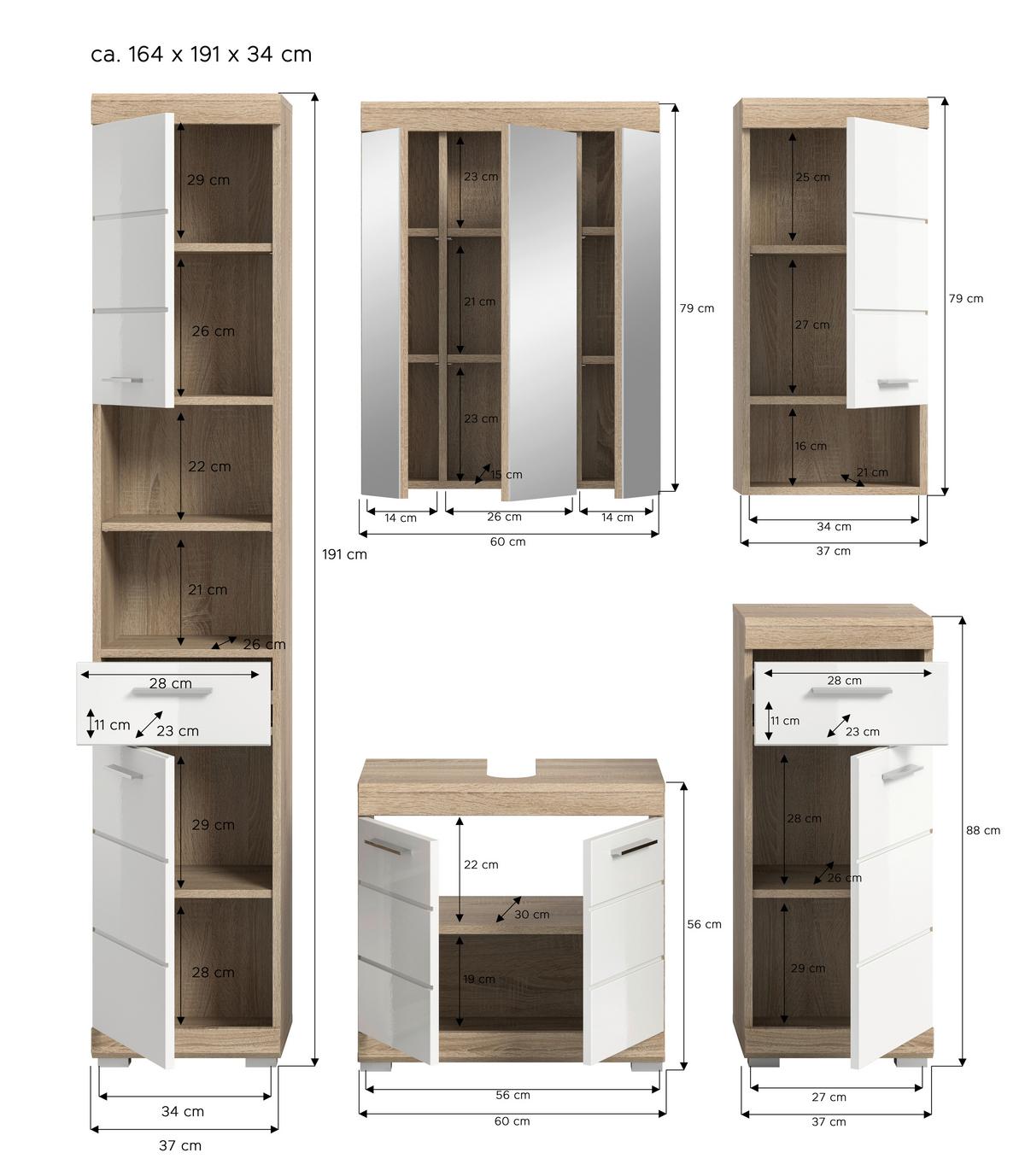 Badezimmer Lambada Eiche Dekor/Weiß B: 134 cm - Weiß Hochglanz/Silberfarben, MODERN, Glas/Holzwerkstoff (134cm) - MID.YOU