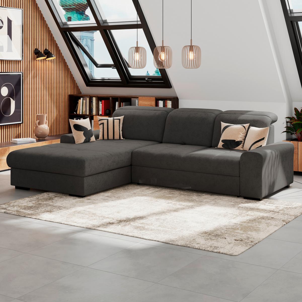 Ecksofa mit Bettfunktion Malaga new Chenille graphit - Schwarz/Graphitfarben, KONVENTIONELL, Textil (203/286cm) - Ondega