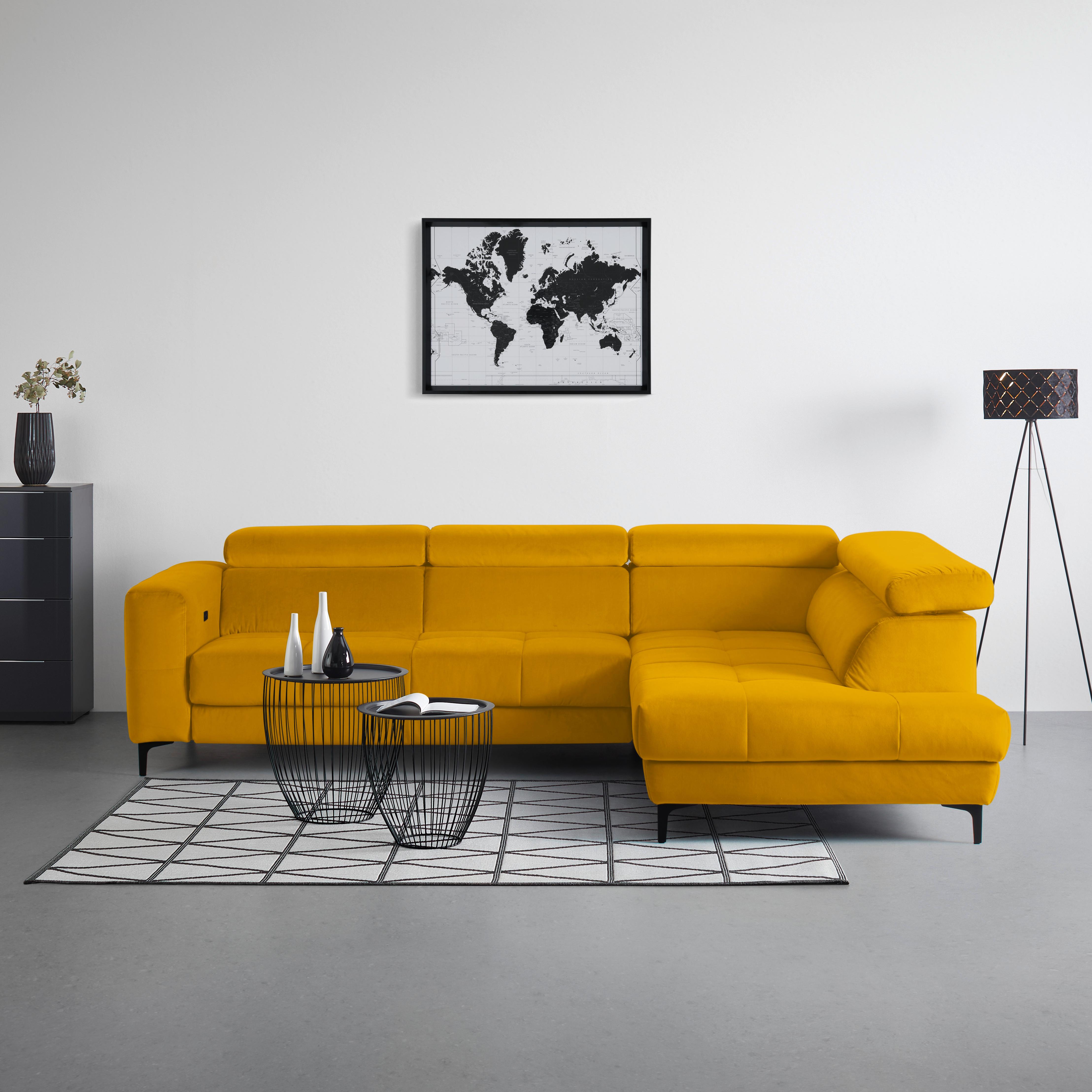 Rohová sedačka EMMA, pravá, žltá,op.hl.,USB,el.výsuv - čierna/žltá, Modern, textil (301/210cm) - Premium Living