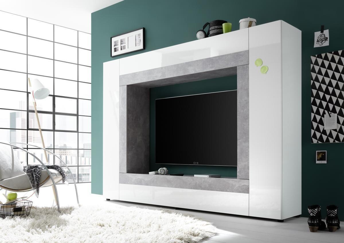 Wohnwand Modern 1 -Teilig. Rock, Weiß/Beton Dekor - Silberfarben/Weiß, MODERN, Holzwerkstoff (226/163/40cm) - Livetastic