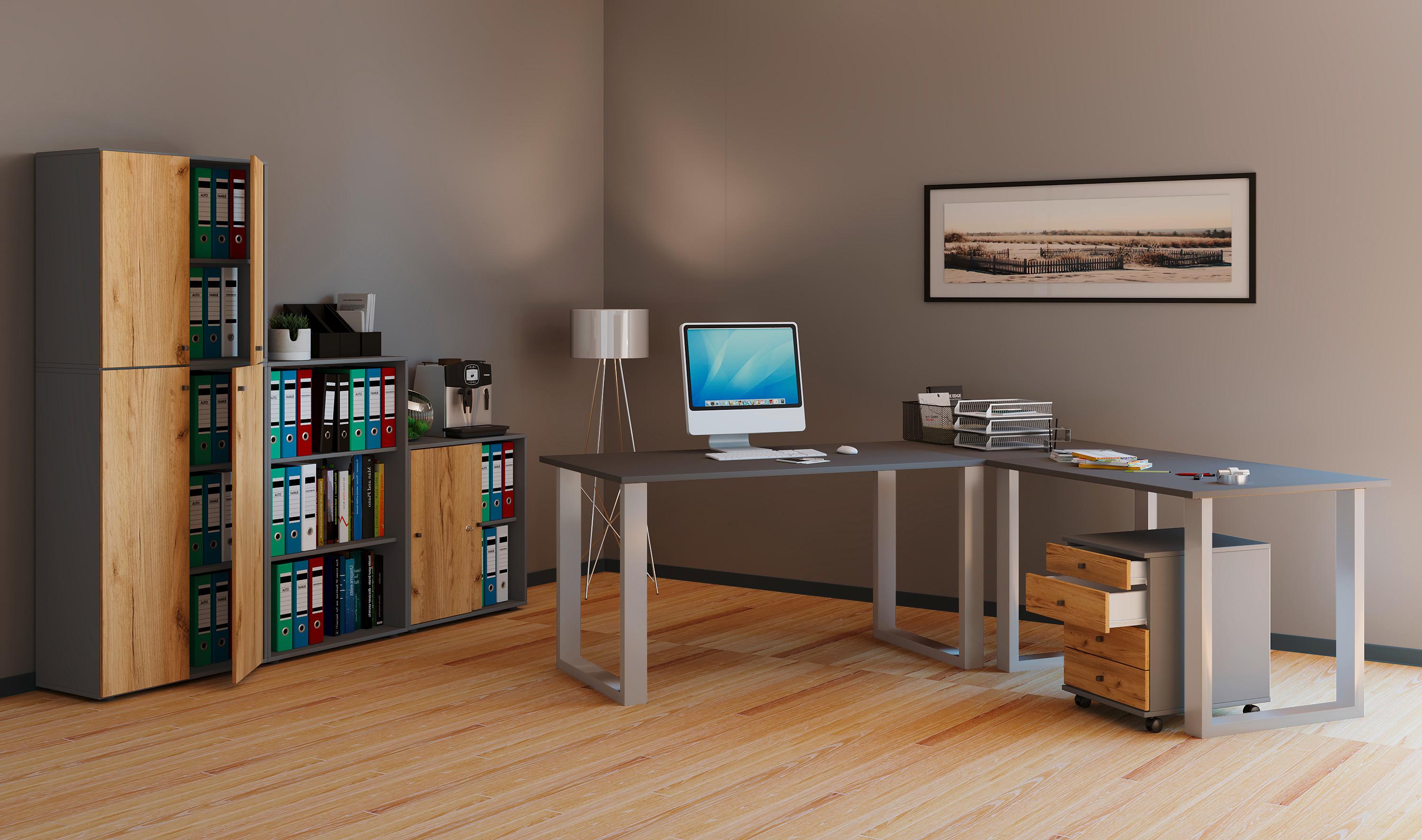 Schreibtisch Lona Anthrazit/Silberfarben L:160cm - Anthrazit/Silberfarben, Design, Holzwerkstoff/Metall (160/160/76cm) - MID.YOU