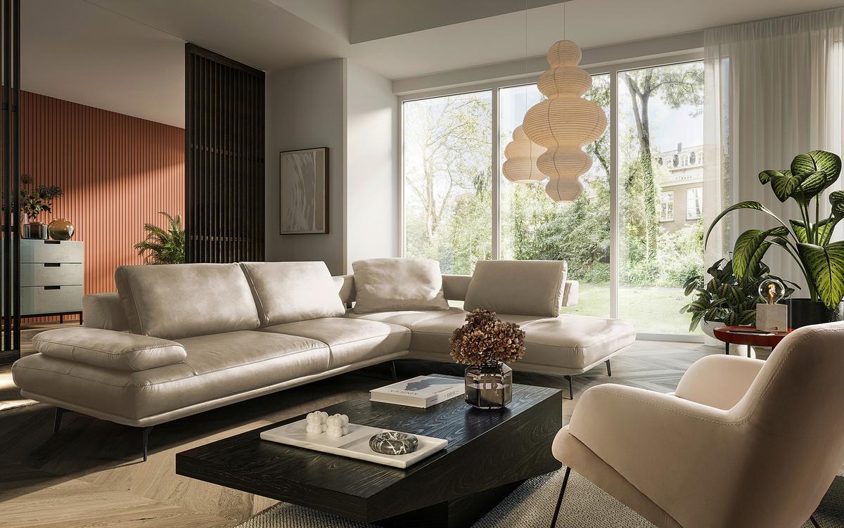 Ecksofa Como Echtleder Creme 306x237 - Creme/Schwarz, Design, Leder (306/237cm) - Livetastic