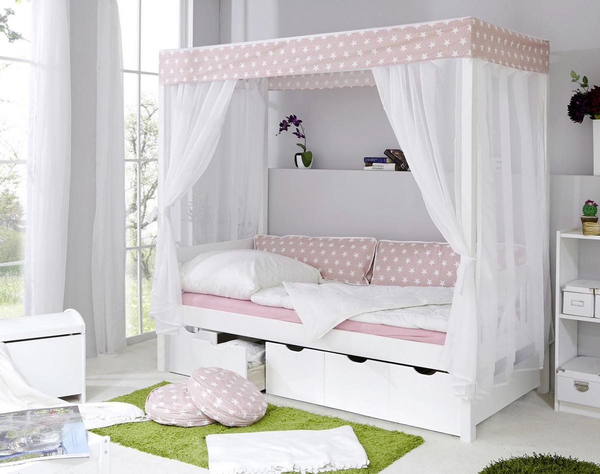 Posteľ s nebesami LINO záves ružovo-biely - biela/ružová, Modern, drevo (90/200cm) - MID.YOU