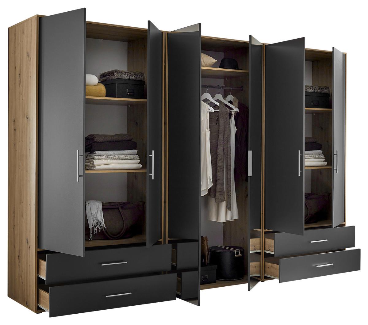 Kleiderschrank Velas, Eiche Artisan, Graphit , B: 302 Cm - Graphitfarben/Eiche Artisan, KONVENTIONELL, Glas/Holzwerkstoff (305/207/58cm)