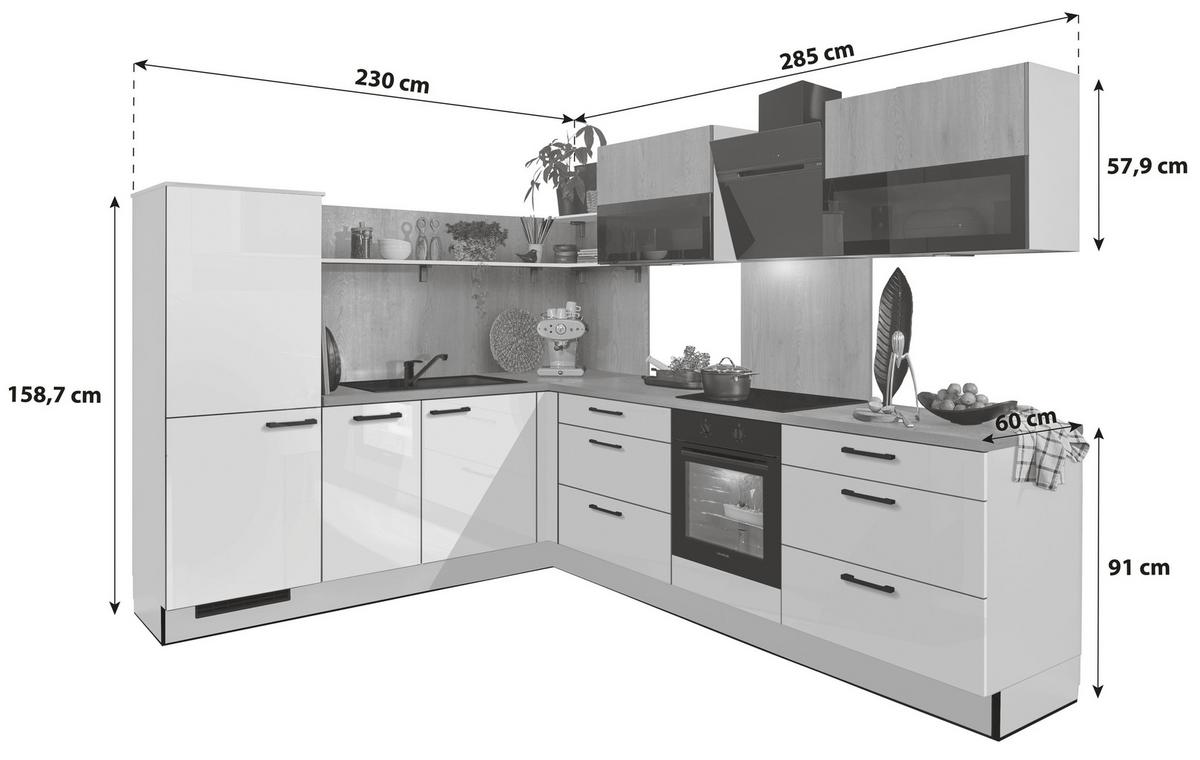 Eckküche Pn215/Pn100 - Weiß Hochglanz/Eichefarben, MODERN, Holzwerkstoff (230/285cm) - Pino