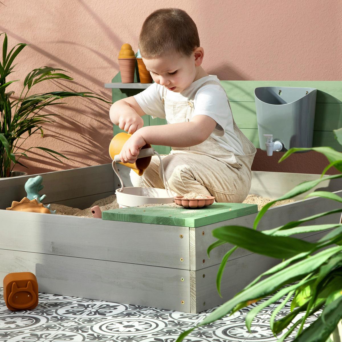 Sandkasten Cozy House Holz, LxBxH: 100x100x60 cm - Hellgrau/Grün, Basics, Holz (100/100/60cm) - MUDDY BUDDY