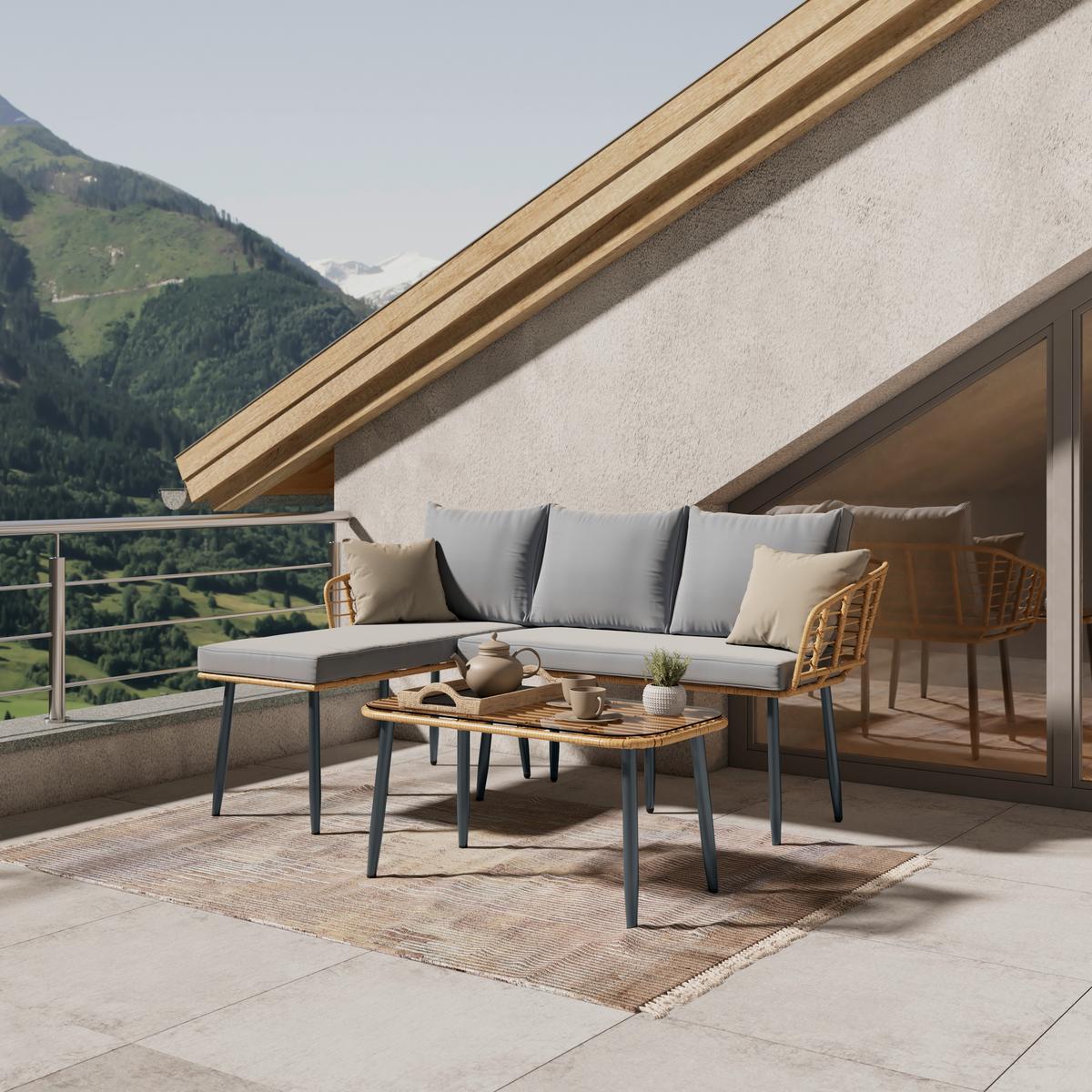 Loungegarnitur Kreta - Naturfarben/Grau, MODERN, Glas/Kunststoff (122/122cm) - Beldano